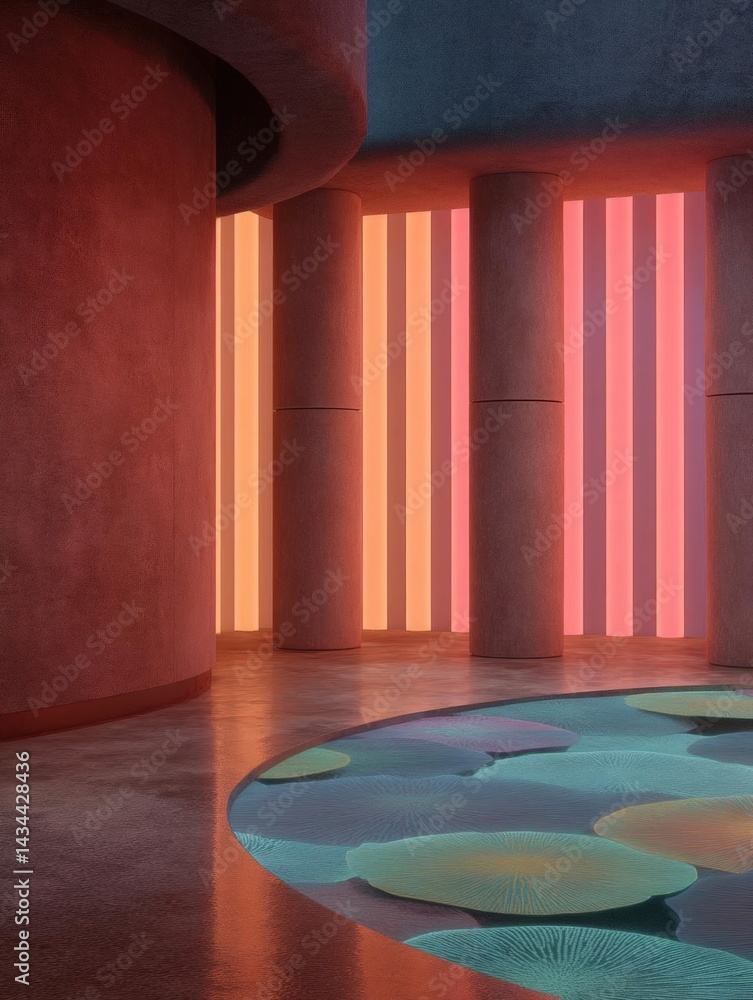 Poster modern and minimalist interior space with a circular floor and a circular rug in the center. the flo