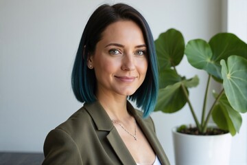 Modern professional woman with teal-tipped dark hair in olive blazer beside large houseplant, blending contemporary style with business sensibility in minimalist office environment