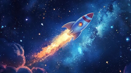 Obraz premium Colorful rocket ship soaring through a starlit cosmic expanse.