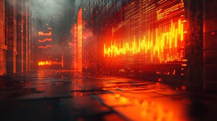 Fiery abstract data display in dark corridor