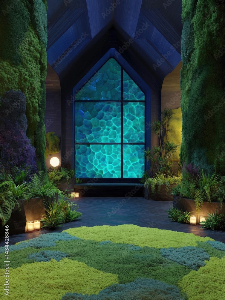 Poster beautiful garden with a large arched window in the center. the window is made of glass and has a uni