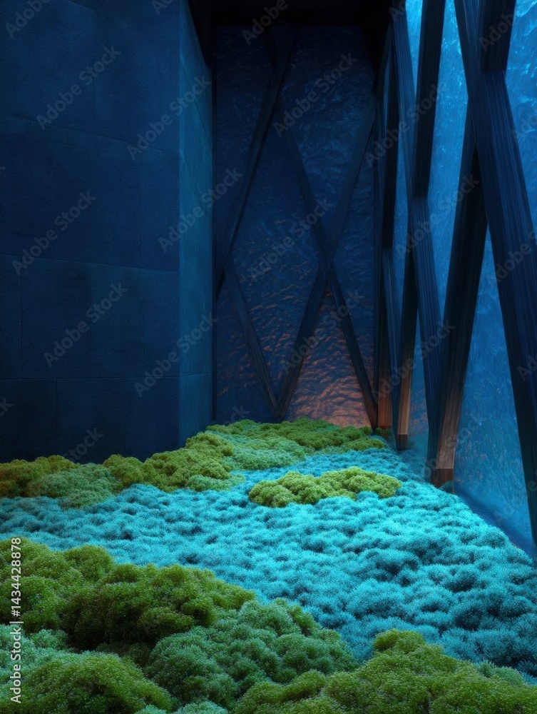 Poster digital art piece that appears to be an underwater scene. the background is a deep blue color with a