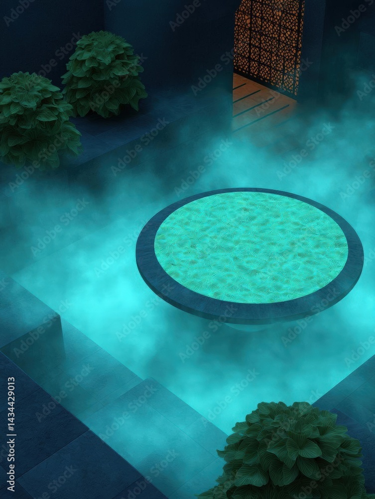 Poster circular pool of water in the middle of a room. the pool is surrounded by a dark blue tiled floor an