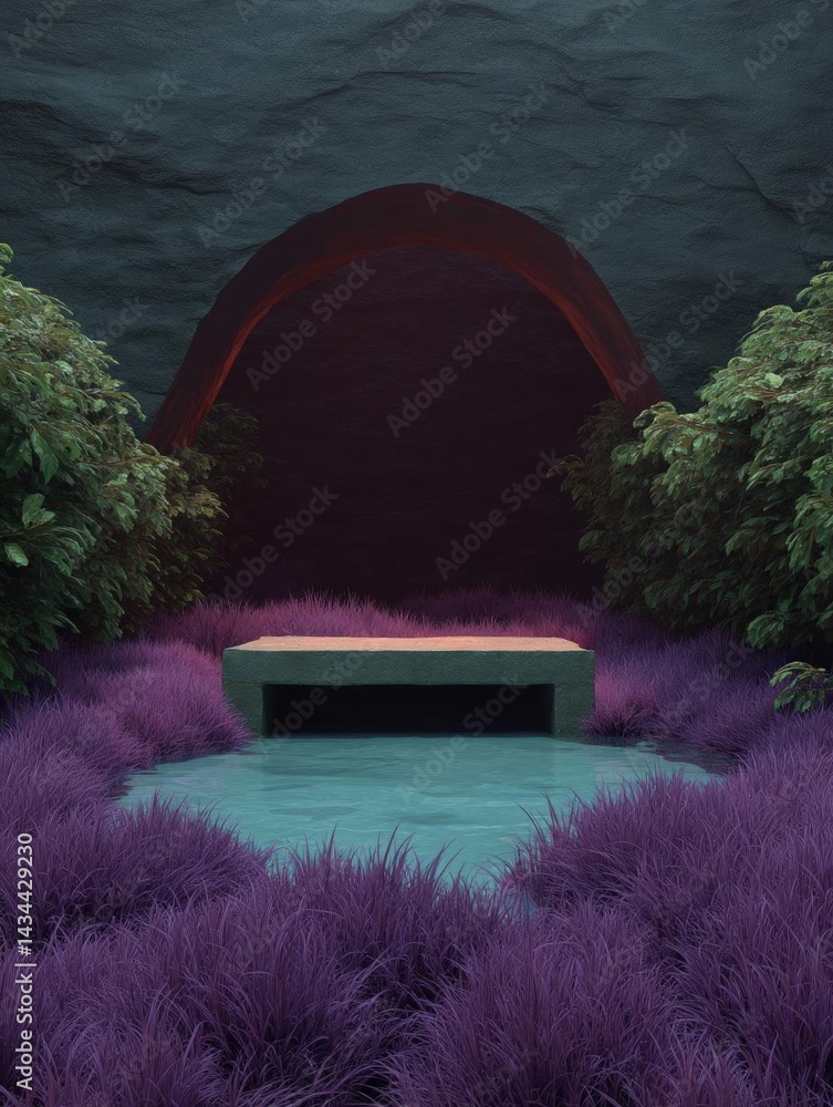 Poster digital illustration of a beautiful garden with a large archway in the background. the archway is ma