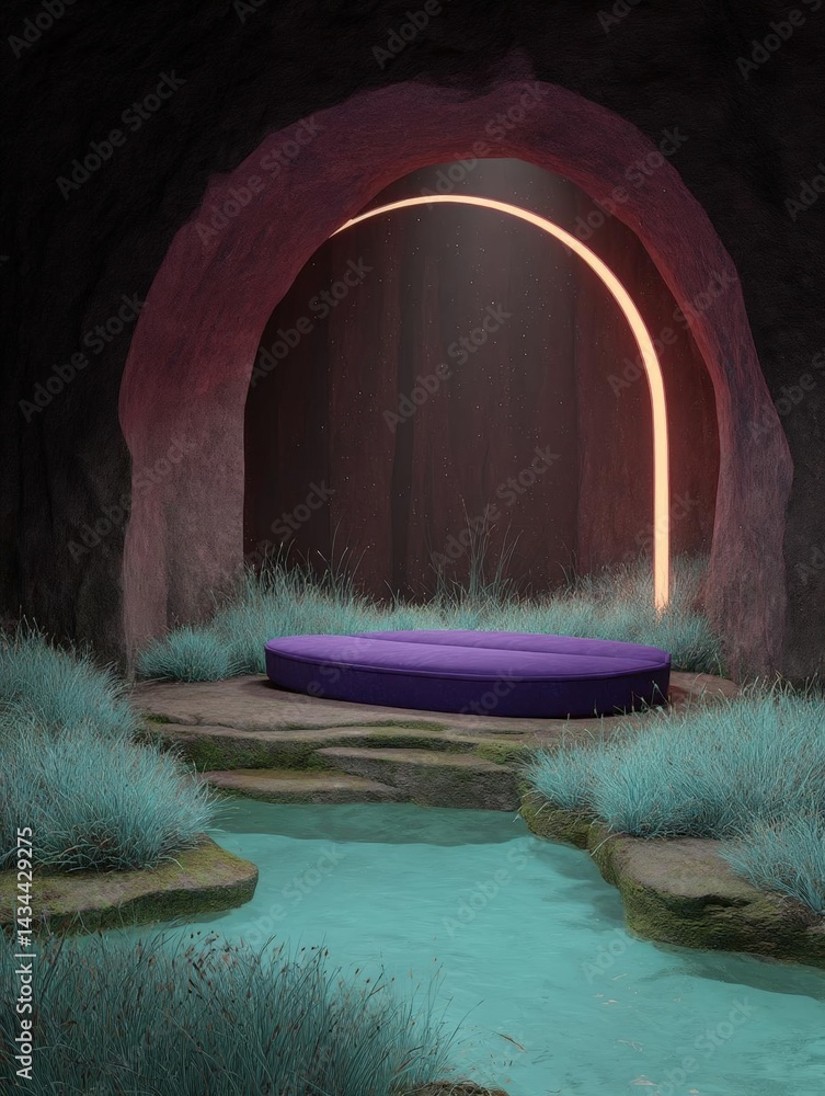 Aufkleber dark cave with a large archway in the center. the archway is made of red rock and has a glowing oran