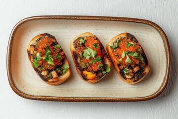 Top view of small bread pieces featuring open sandwiches with salt cured beluga caviar on a rectangular plate