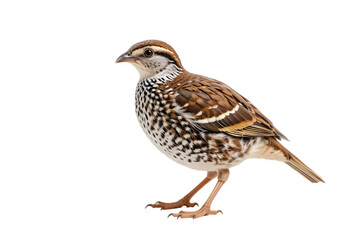 Fototapeta premium Wild quail ,Single Quail Isolated on White for Wildlife and Bird Concepts: Detailed Brown and Black Patterned Bird Imagery: Quail, Isolated, White, Bird, Wildlife, Nature, Brown, Black, Patterned.