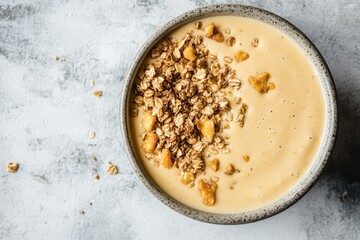 Top view of smoothie bowl topped with granola on a bright background