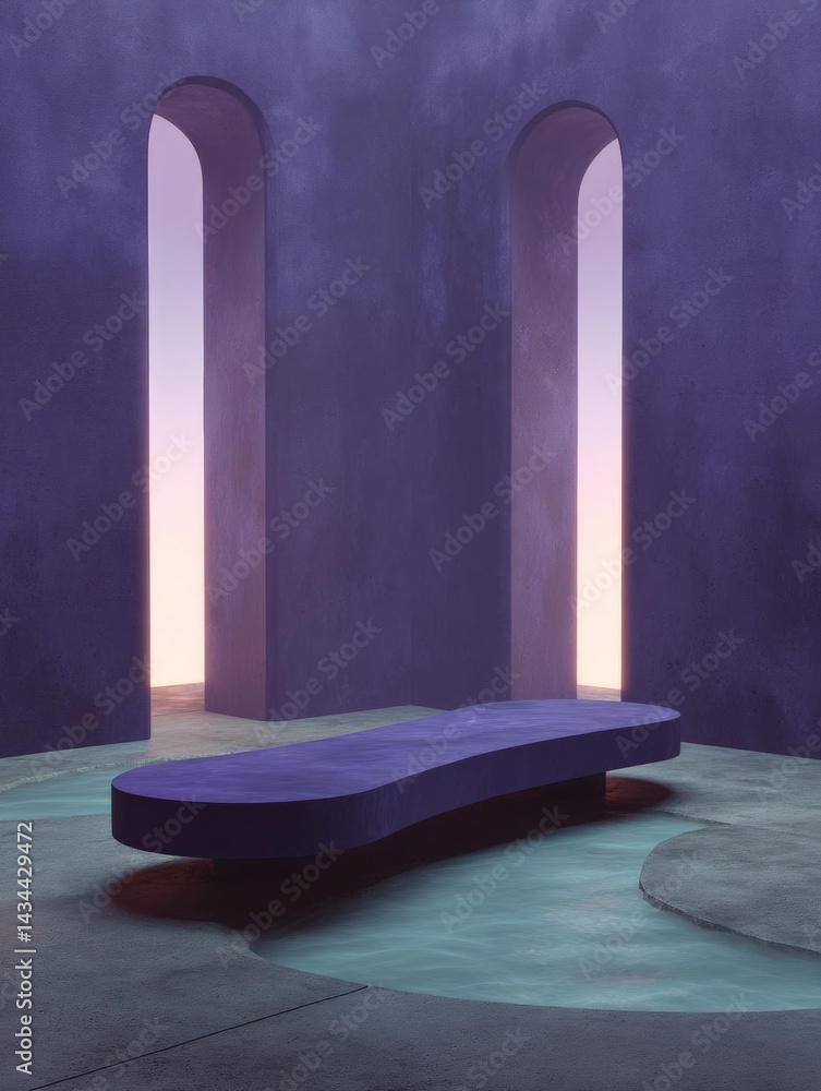 Poster modern and minimalist interior design with a purple color scheme. the walls are painted in a deep pu