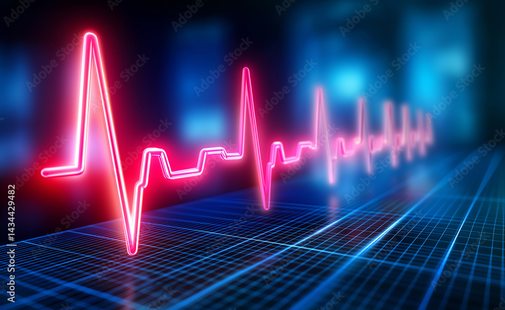 Poster glowing red heart rate line on a digital monitor with a heart symbol integrated into the waveform.