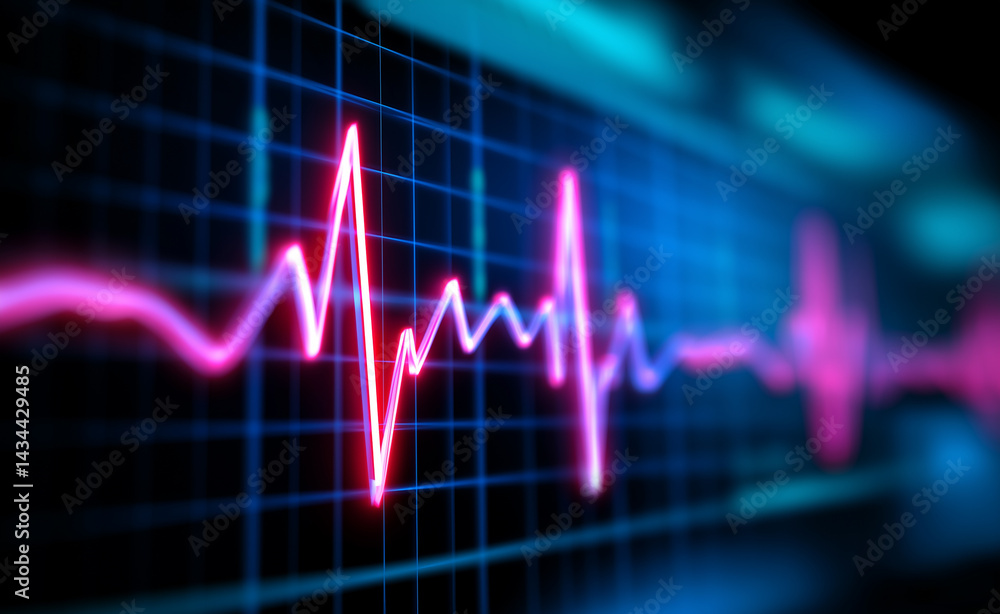 Poster glowing red heart rate line on a digital monitor with a heart symbol integrated into the waveform.