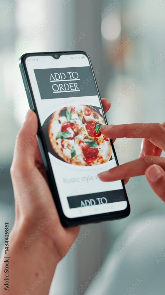 Poster Food delivery, hands and phone screen with business person in office for takeout order. App, menu and search with employee scrolling on mobile display for hunger or takeaway decision in workplace