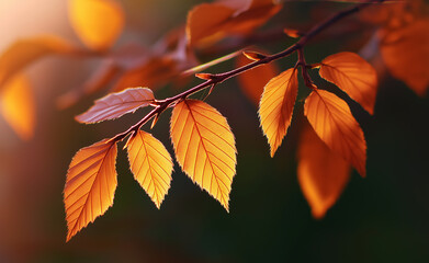 Golden autumn leaves hanging from a branch with warm sunlight shining through a peaceful forest.
