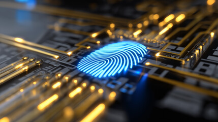 Digital fingerprint scan glowing on a futuristic microchip circuit board symbolizing cybersecurity and identity technology.
