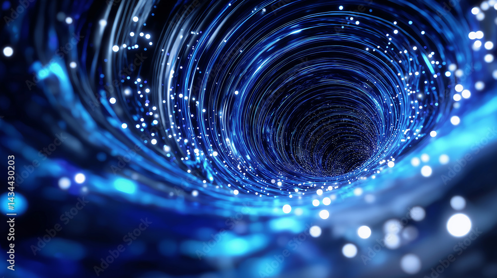 Poster futuristic glowing blue vortex tunnel with swirling light particles creating a sense of motion and d