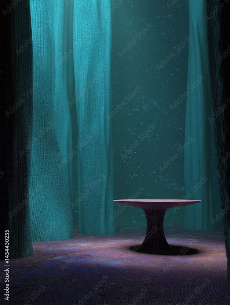 Poster dimly lit room with a round table in the center. the table is made of a dark material and has a uniq