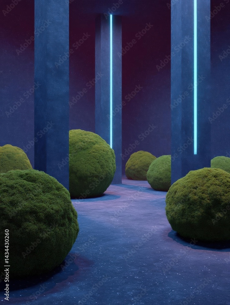 Aufkleber long corridor with three tall pillars on either side. the pillars are made of concrete and have a bl