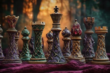 Intricately carved chess pieces arranged on a dark burgundy cloth, set against a blurred autumnal background.