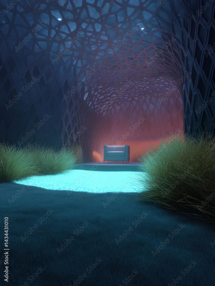 Poster digital illustration of a room with a dark and eerie atmosphere. the room has a tunnel-like structur