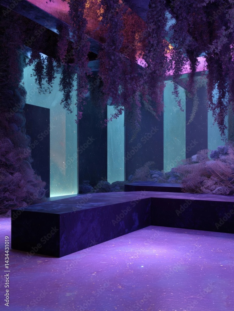 Poster 3d rendering of an indoor space with a futuristic and eerie atmosphere. the room is filled with a va