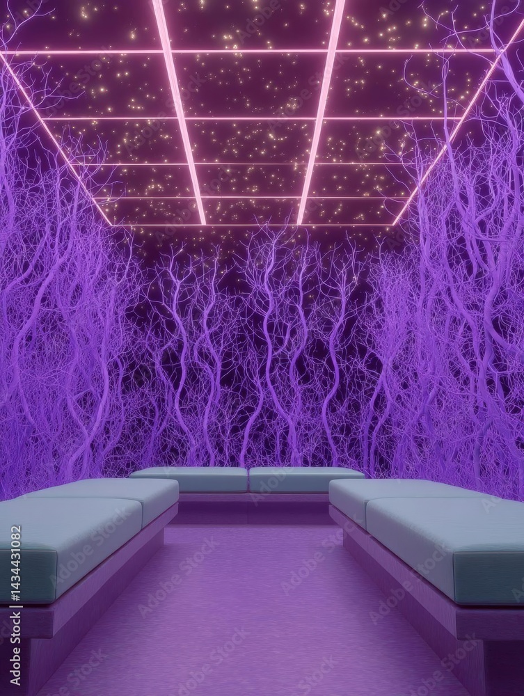 Poster room with a futuristic and eerie atmosphere. the room has a purple floor and walls, and the ceiling 