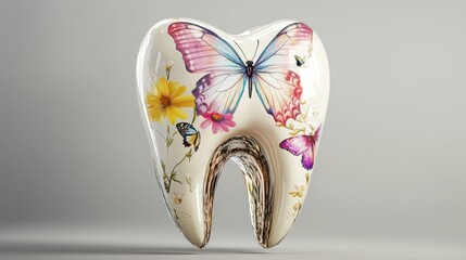Decorated tooth, butterfly, flowers, studio, dental health