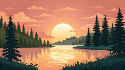 Fototapeta premium Lake with golden sun setting behind pine forest – vector art