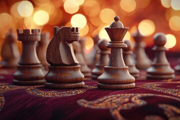Close-up of dark wooden chess pieces, queen and knight, on a burgundy fabric with golden bokeh background.