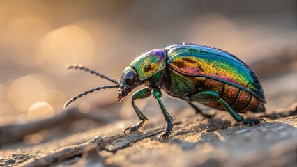Fototapeta premium Macro of a iridescent beetle in golden light. Bug, insect