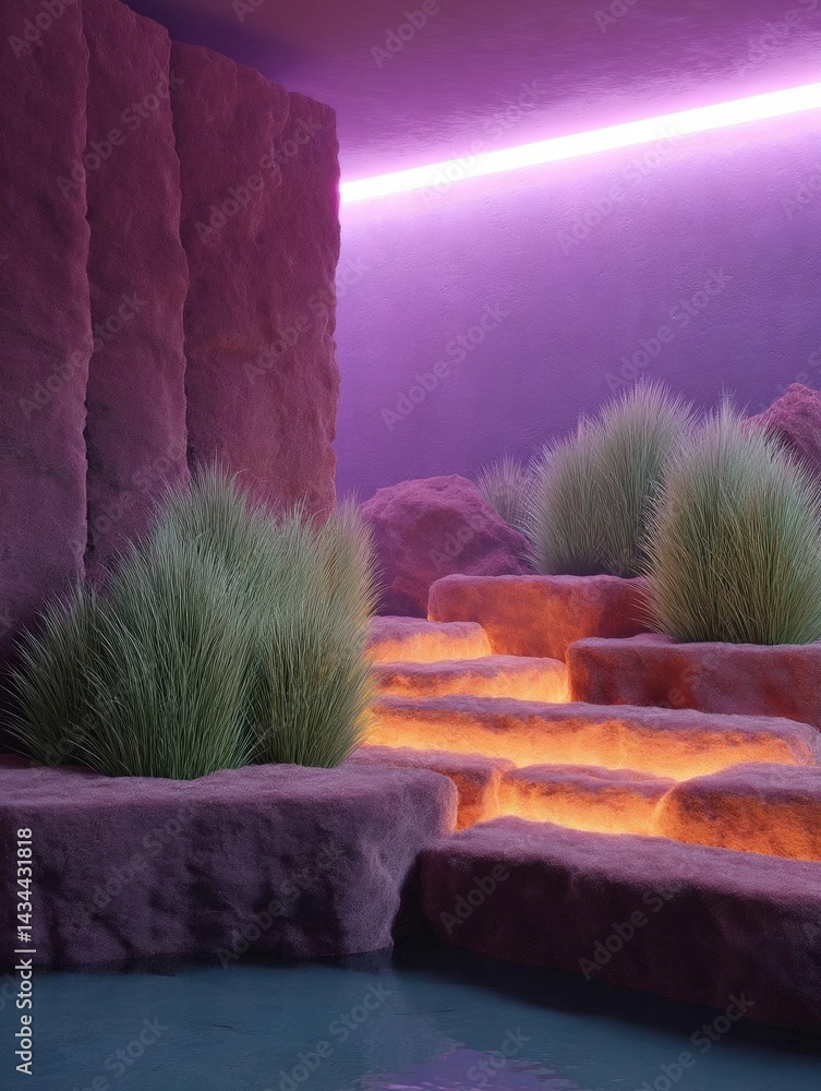 Aufkleber 3d rendering of a futuristic landscape with a pink and purple color scheme. the background is a deep