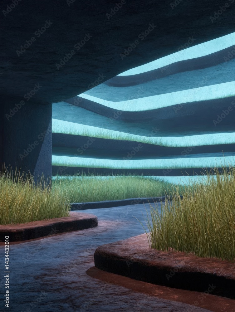 Poster 3d rendering of a futuristic landscape. the background is a dark blue color with a wave-like pattern