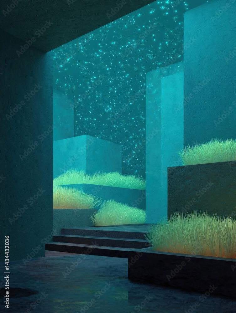 Poster abstract digital art piece that appears to be a 3d rendering of a futuristic landscape. the backgrou