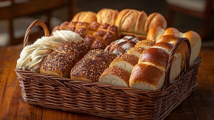 A basket of assorted breads is displayed on a wooden table