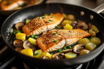 Trout fillets coated in cornmeal cooked with potatoes mushrooms and green onions in a skillet on a gas stove studio photo