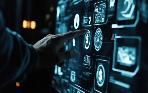 A hand reaches out to touch a glowing digital interface with various icons, representing financial data and analytics - Powered by Adobe