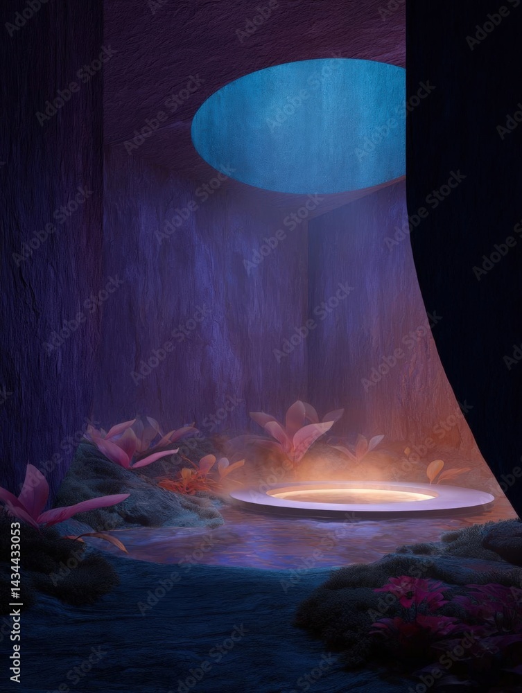 Aufkleber digital illustration of a cave-like interior with a circular window in the center. the window is mad