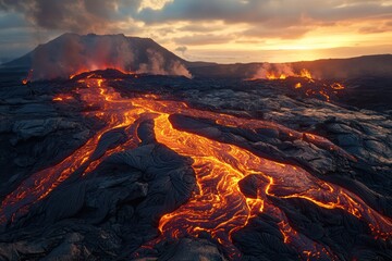 Fototapeta premium Molten lava flowing across rocky terrain with eruption glow
