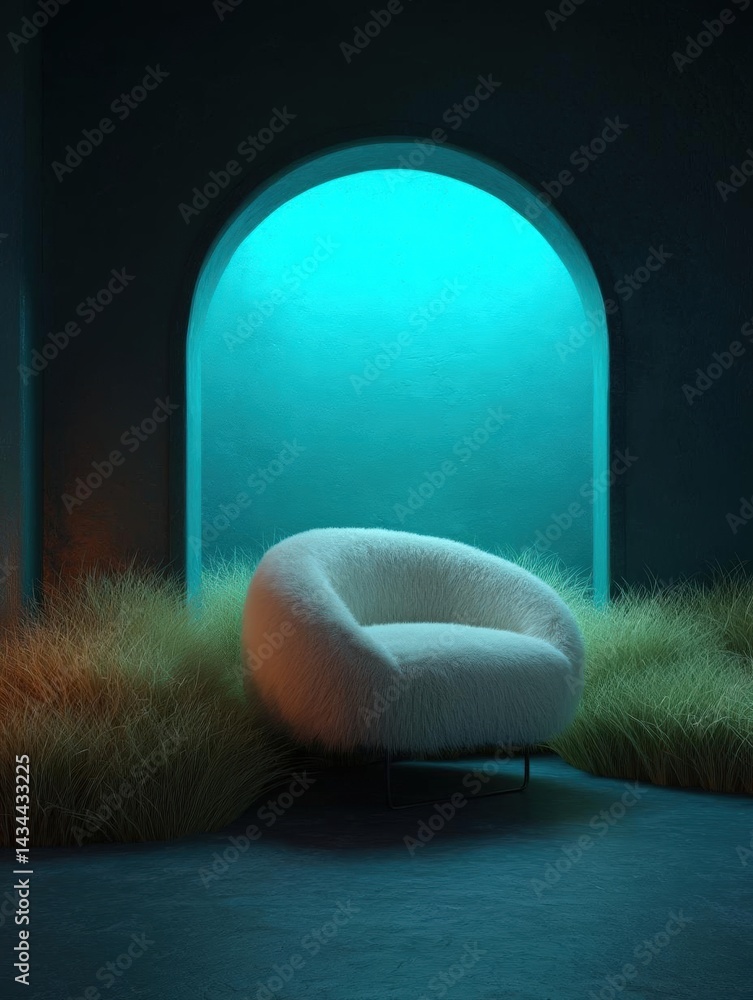 Poster modern and minimalist interior design with a large archway in the center. the archway is made of sto