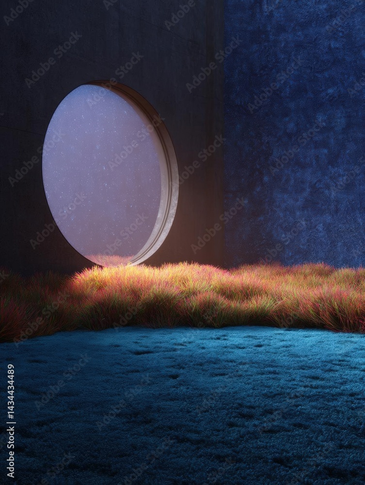 Aufkleber digital illustration of a round window in a dark room. the window is made of concrete and has a whit