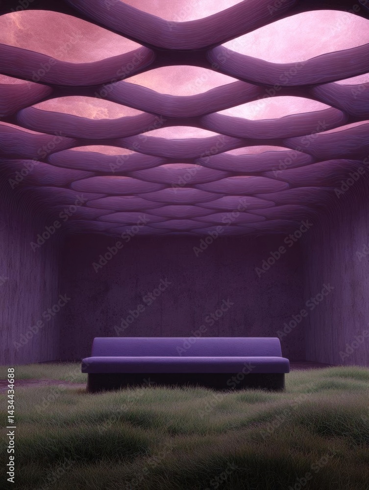 Poster empty room with a purple sofa in the center. the room has a high ceiling with a wave-like pattern th