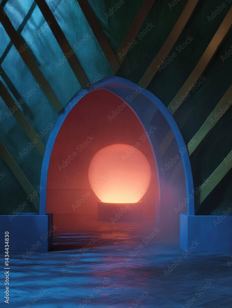 Poster Archway with a large orange sphere in the center. the archway is made of concrete and is supported by two blue pillars on either side. the background is a dark green wall with a geometric pattern.
