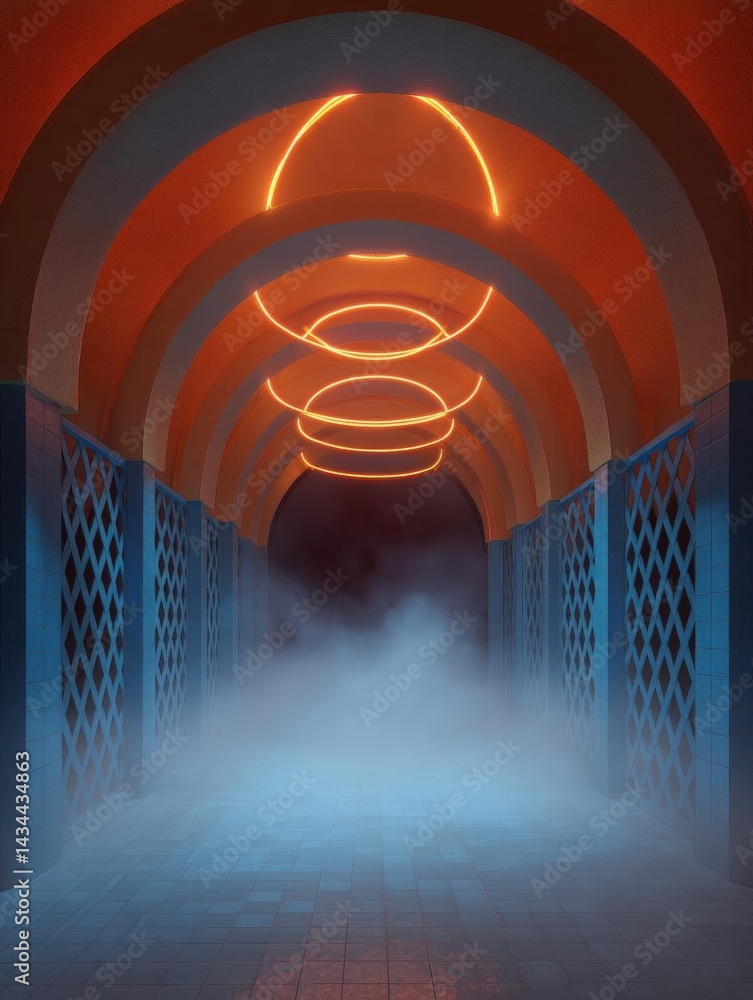 Aufkleber archway with a blue tiled floor. the archway is made of stone and has a geometric pattern on the wal