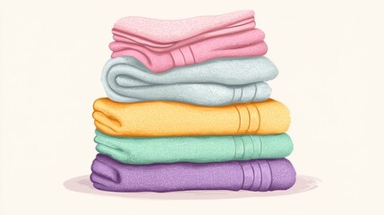 A neatly stacked pile of pastel-colored bath towels.