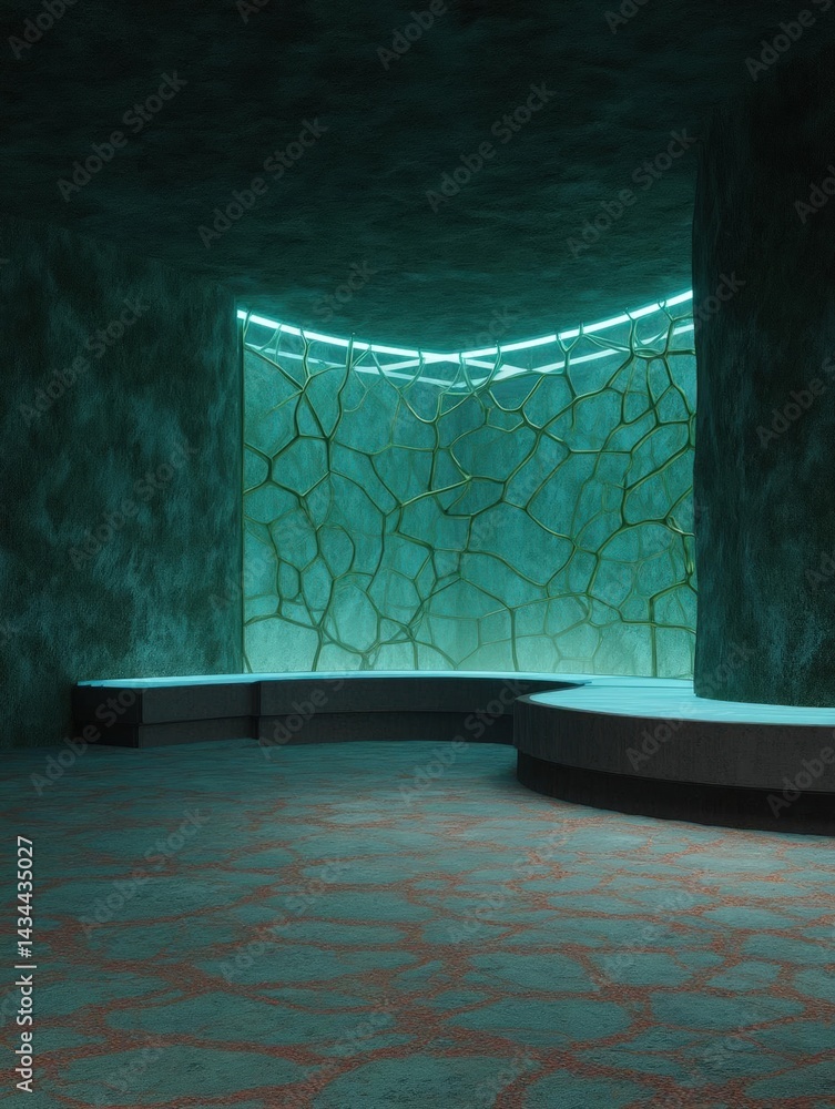 Poster empty room with a unique and modern design. the walls are made of dark green stone and the floor is 