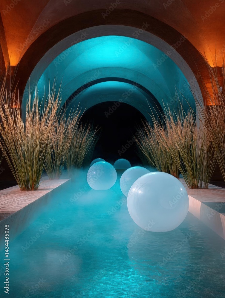 Aufkleber indoor swimming pool with a tunnel-like structure in the background. the pool is filled with crystal