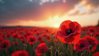 Vivid poppy flowers at sunset, ANZAC memorial tribute