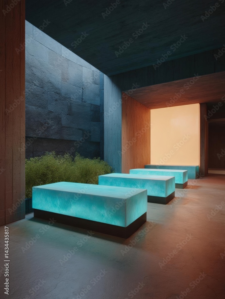 Poster modern and minimalist interior space with a concrete floor and walls. the walls are made of dark gre