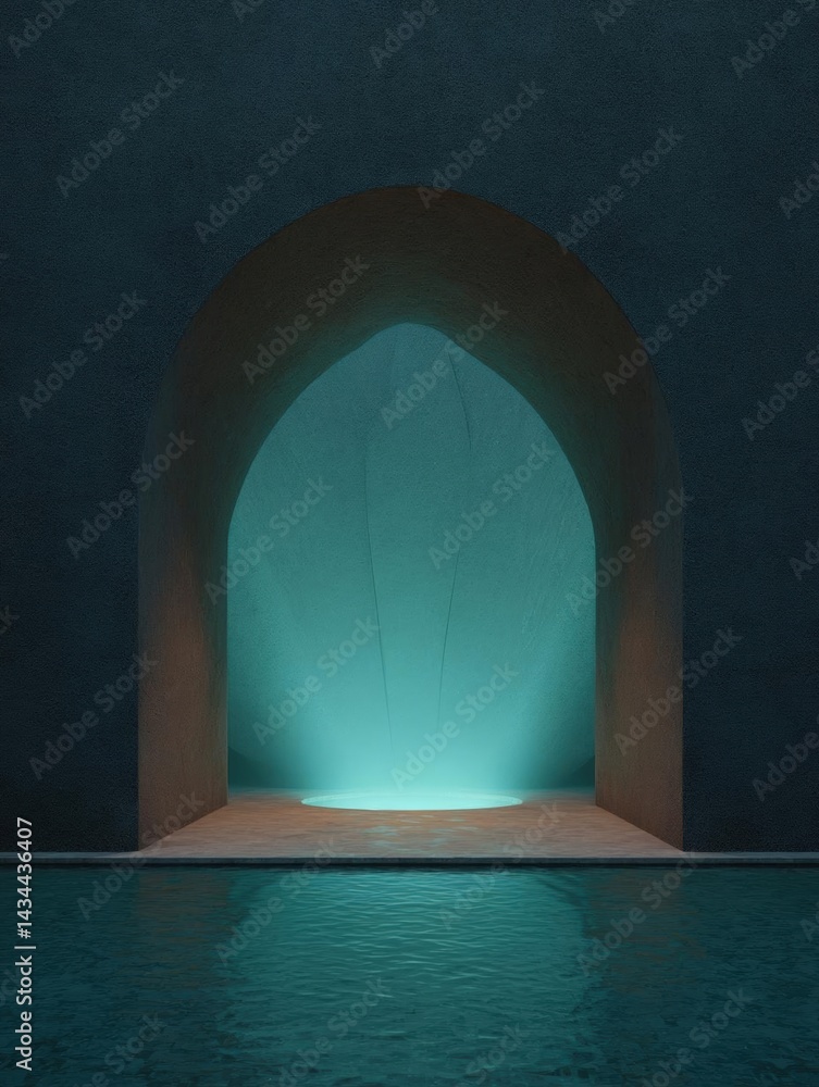 Aufkleber archway in a dark room with a pool of water at the bottom. the archway is made of stone and is archi