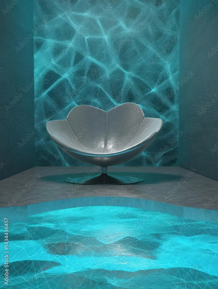 Poster modern chair in the center of a room with a blue-green color scheme. the chair is made of a shiny, m