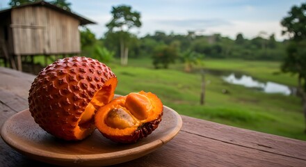 A halved aguaje fruit displays its juicy, orange interior, set on a wooden plate with a view.